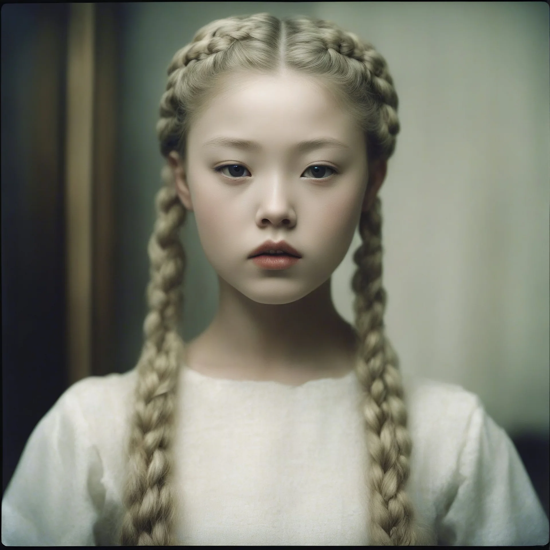Old autochrome of devon aoki ,full lips, weird white braids., ,in a room, in 1550