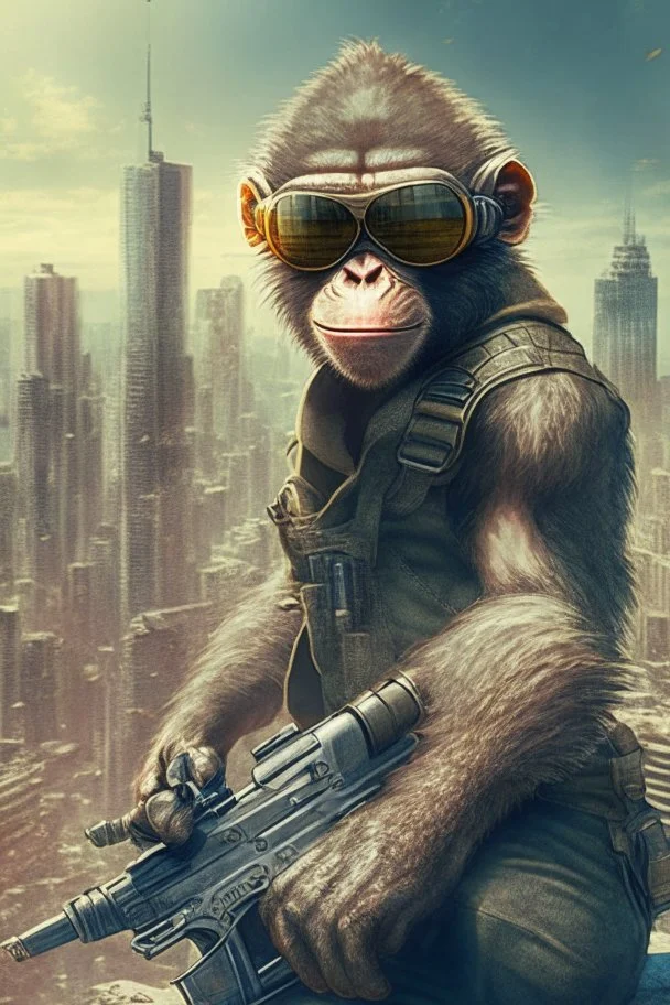 criminal monkey with a machinegun and sunglasses. Realistic image, City Background