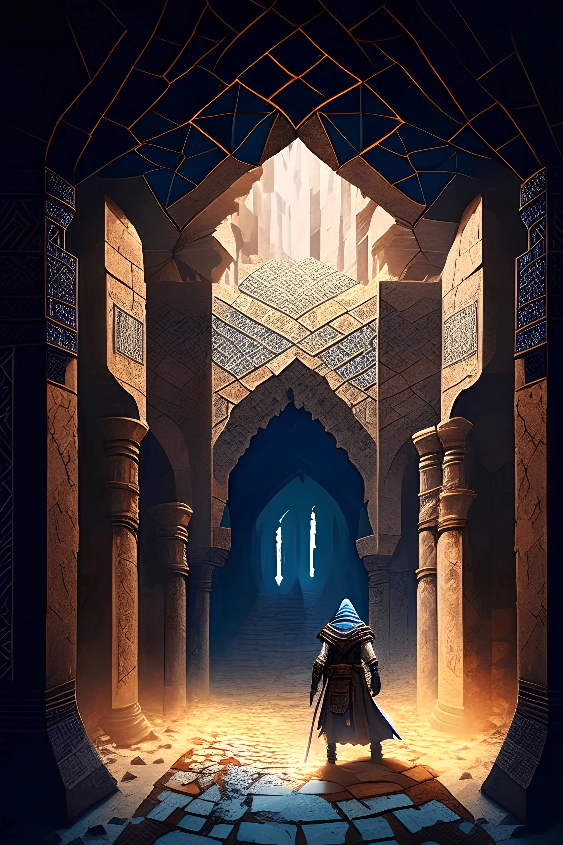 A huge arabian mosaic dungeon being explored by a solitary heroic knight