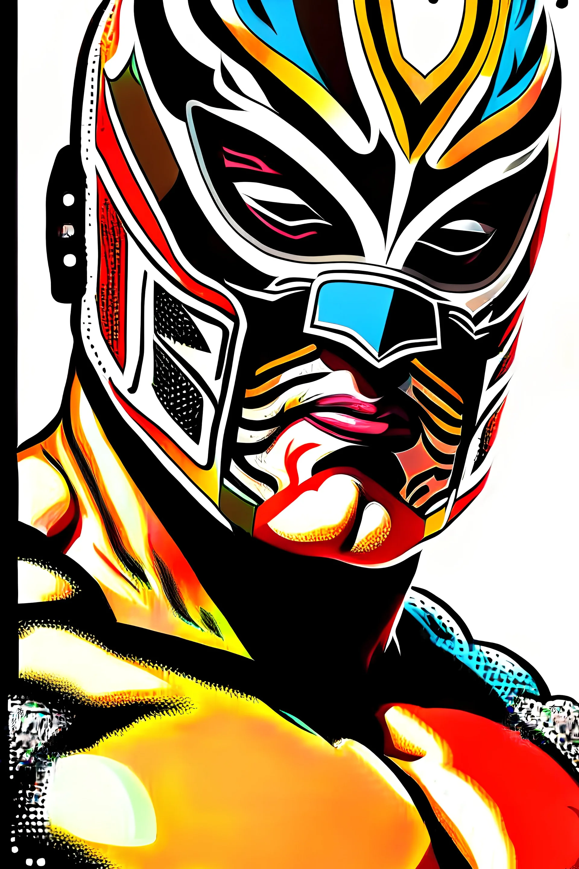 art comic, luchador, mask, frontal, high contrast, white background, black border, bright colors, detailed, 8k