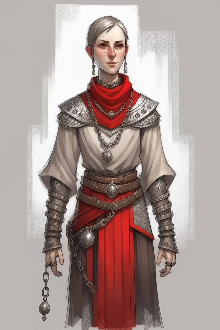 full length, tall, gangly, 22-year old, short haired, nordic looking grey-eyed female human cleric with a red beaded necklace, wearing scale mail