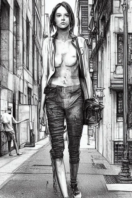 street, god walking, model style, hyper realistic, accurate, delicate, extremely detailed, Graphic novel style, wide-angle, front view, open aperture, superfine pencil