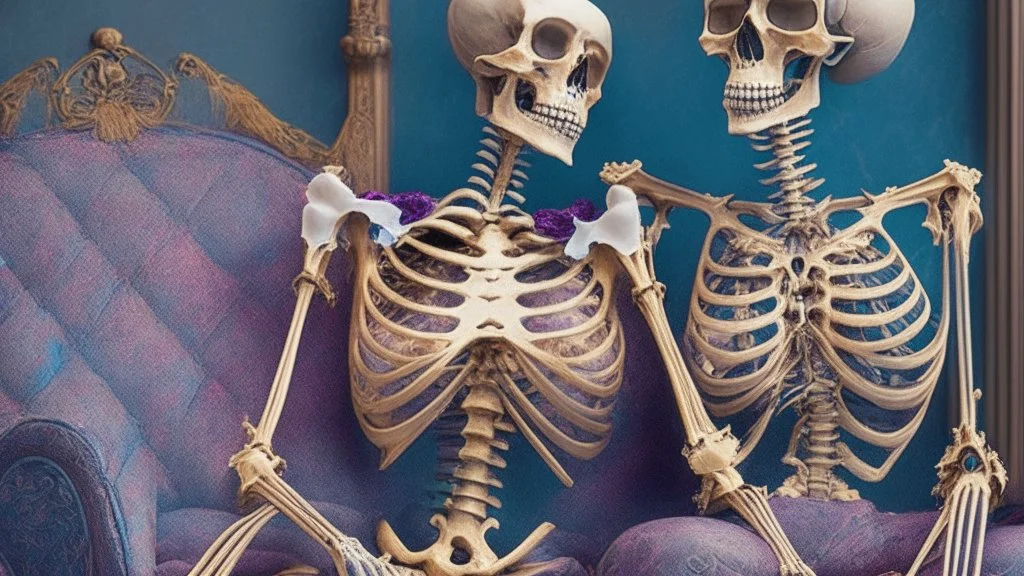 Famous Skeleton Couple Posing together wearing 1920's Hollywood Grandeur; Surreal, Intricately Detailed, Beautiful, Colorful, award-winning, high definition, ultra-detailed, beautiful, rose tones