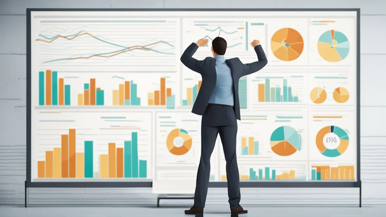 The image represents the success and prosperity of businesses and investments in 2024. It features a confident businessman standing with paper charts and a large screen displaying financial data and profitable projects. The image reflects a promising future vision for business and investment in the coming year, where successful projects can achieve significant financial success.