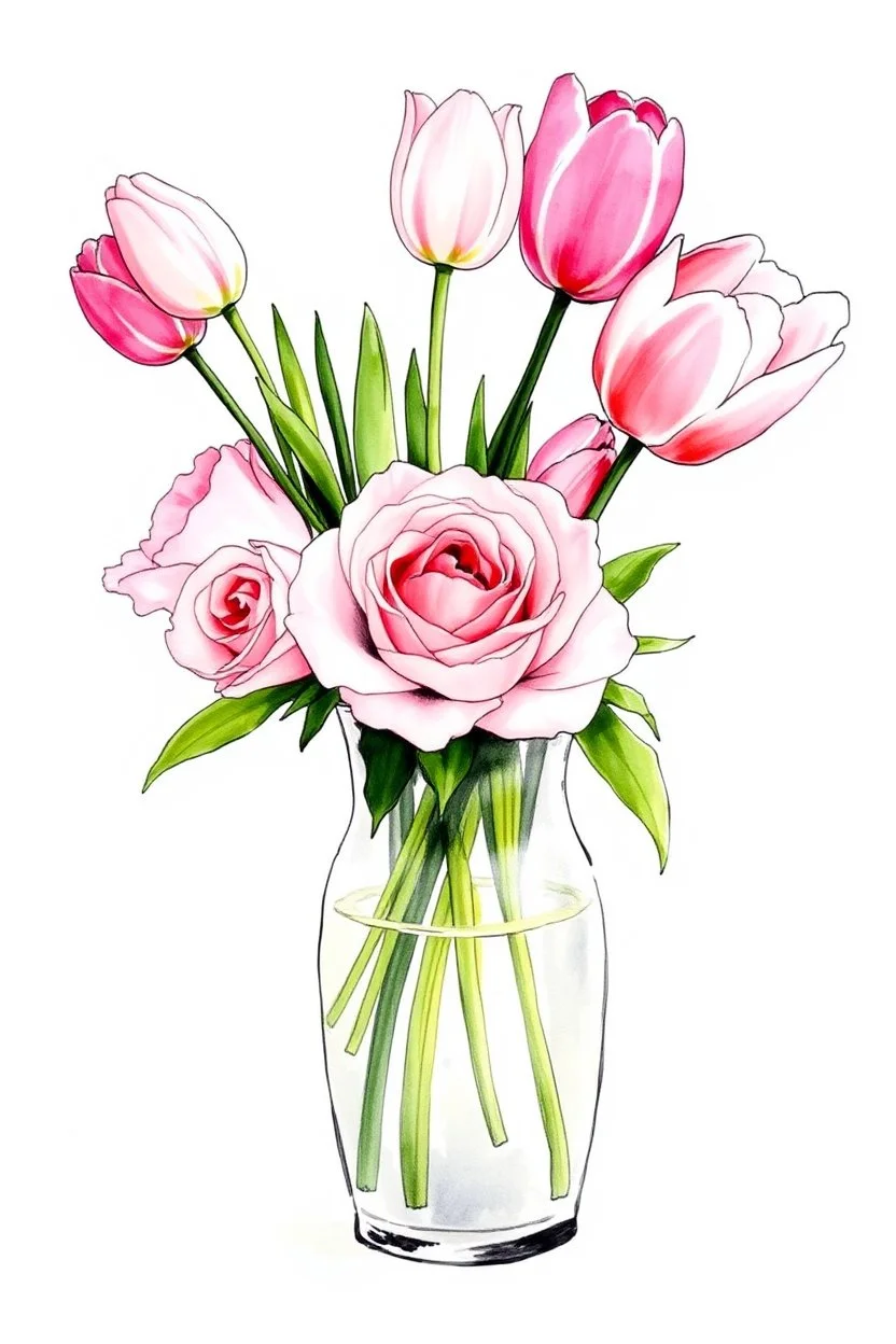A watercolour and ink drawing of A vase of pale pink roses and pink and white tulips in the style of artist John Lovett