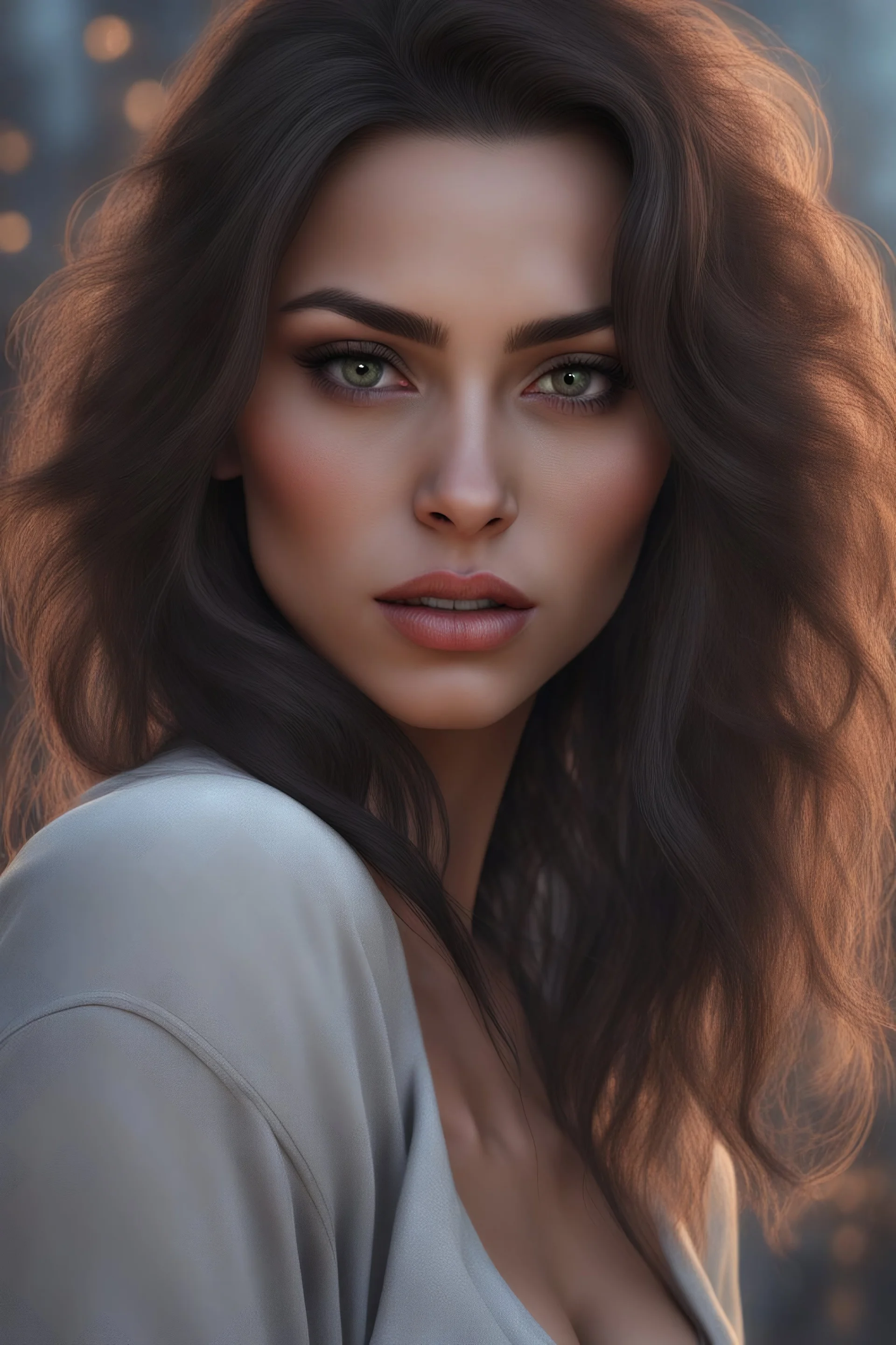 Nosferatits - head and shoulders portrait, Photorealistic, hyperrealism, Dazzling, Complex, dramatic, bold, attractive Midge the Werewolf babe, perfect, Athletic, toned body with tanned skin, perfectly formed body, Dracula City, extremely detailed, lipstick, eyeshadow, eyeliner, mascara, rouge, photorealistic, 4k UHD Photograph,