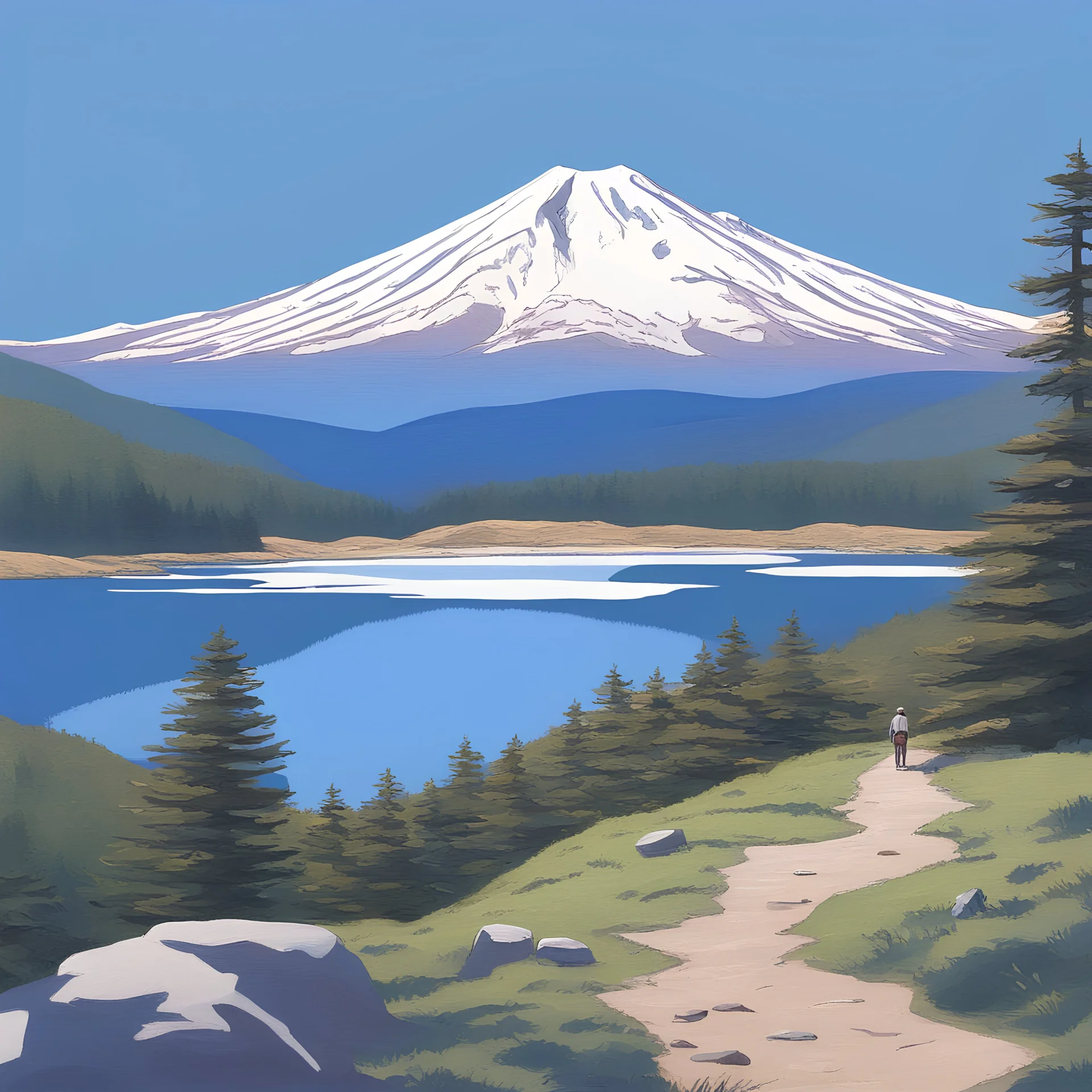 Oilpaint,Omonte fuji,snow-capped summit,clear blue sky,no clouds,serene reflection in a lake,winding hiking trail,whispering pine trees,gentle breeze,tranquil atmosphere,crisp air,hiker admiring the view,majestic peak,snow-capped mountains in the distance,shimmering sunlight on the snow,peaceful solitude,ethereal beauty,serenity in nature,mountain range stretching into the horizon,captivating landscape,pristine wilderness,snow-covered slopes,transcendent experience
