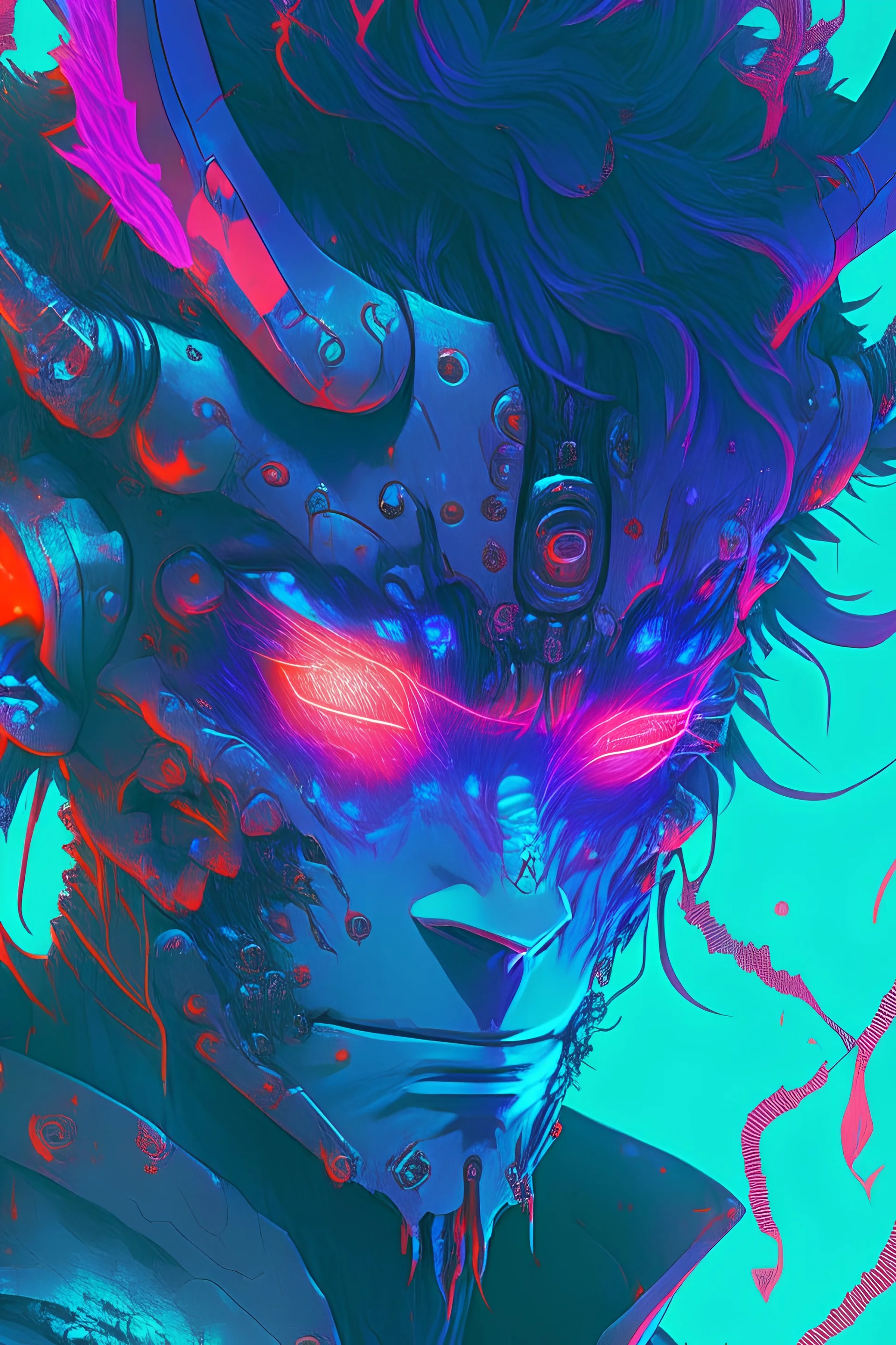 male anime character centered close up, oni mask, glitch art, glitchcore, organic, forest druid, gurren lagann, cyber punk, hellscape, portrait, male anime character, robot, masterpiece, intricate, highly detailed, sharp, technological rings, by james mccarthy, glowing blue lush seascape bioluminescent, by beeple and johfra bosschart, combination in the style ayami kojima, highly detailed, painting, 3 d render beeple, unreal engine render, intricate abstract, intricate artwork, by tooth wu, wlop