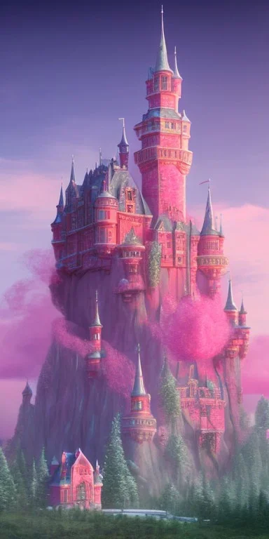 Ice cube shaped castle. pink houses, pink sky, pink smoke, trees, outdoors. street.