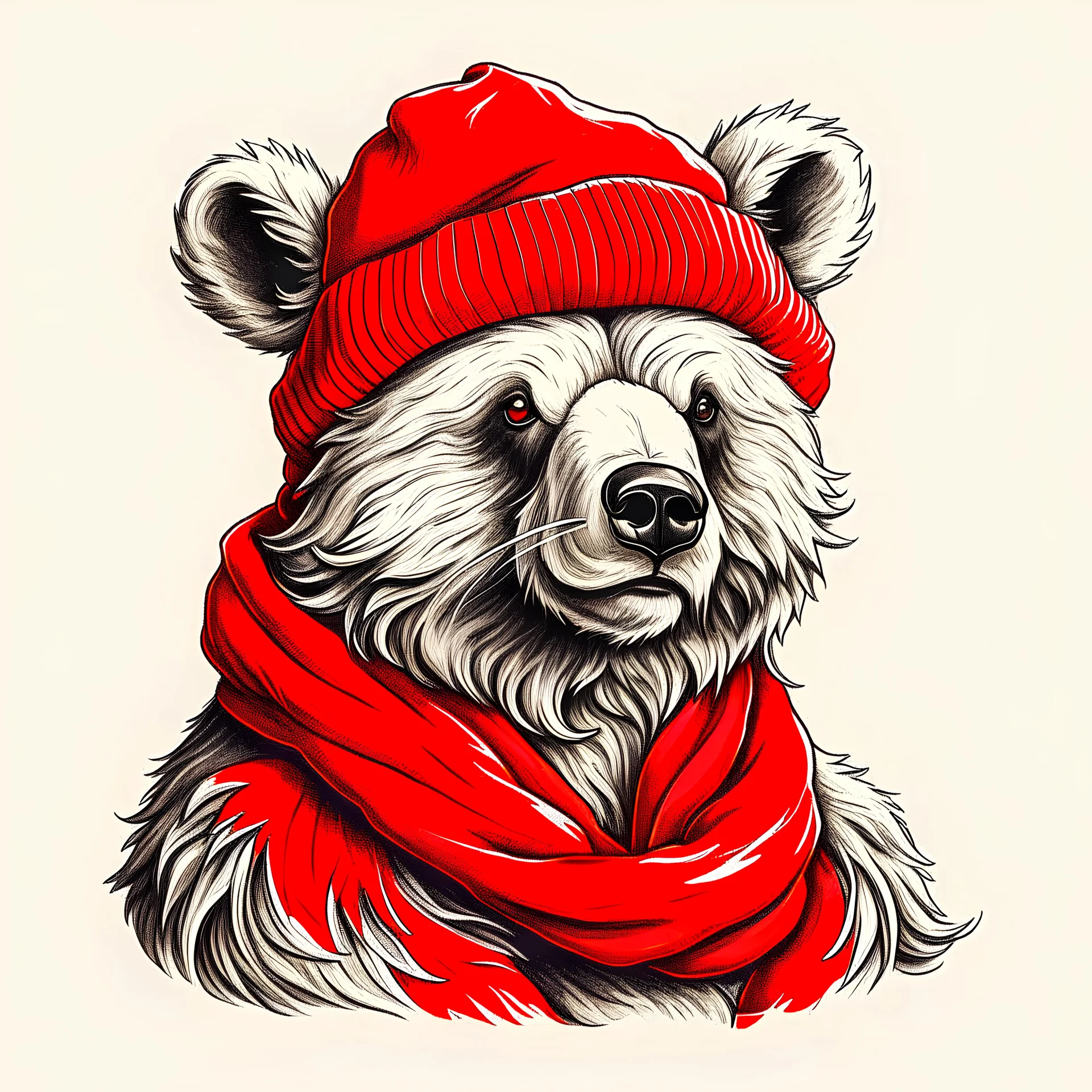 santa suit bear, beard, red stocking cap, illustration