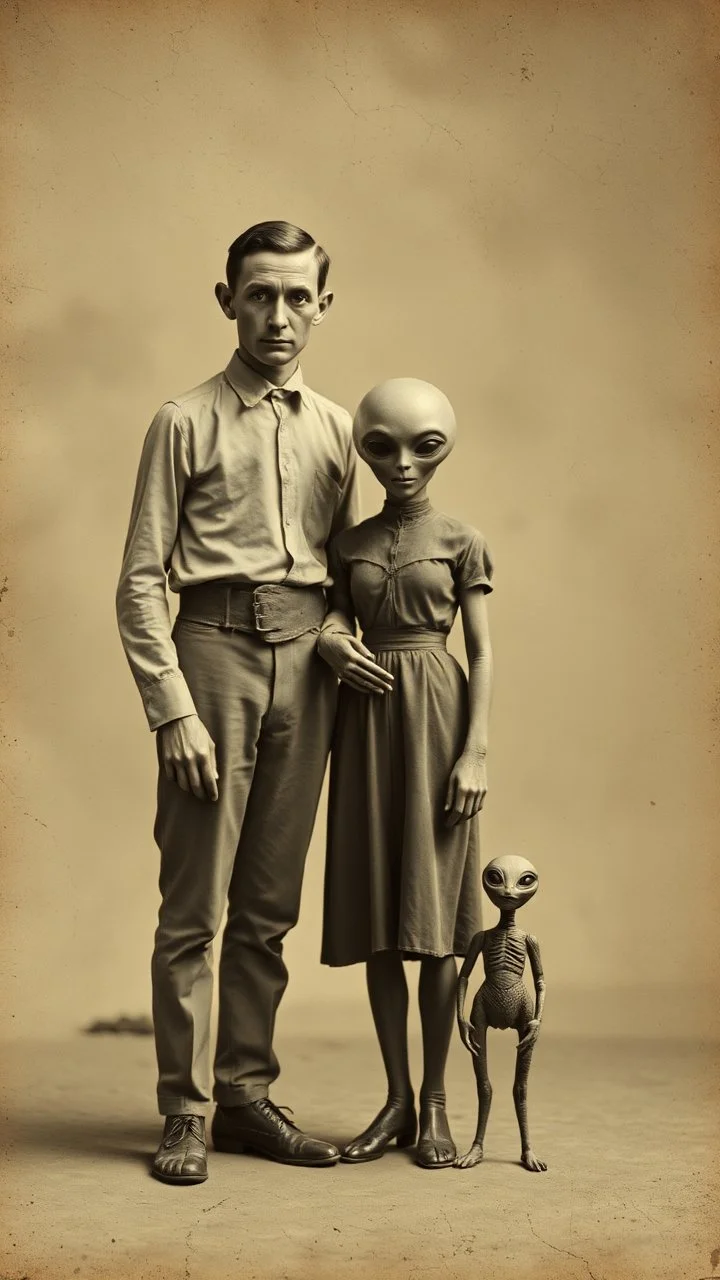 An old picture style of white and brown and very bad quality with cracks of a couple human from the year 1900 standing with a small alien