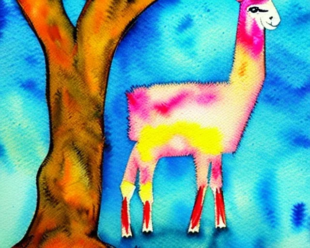 expressionist watercolor llama in tree