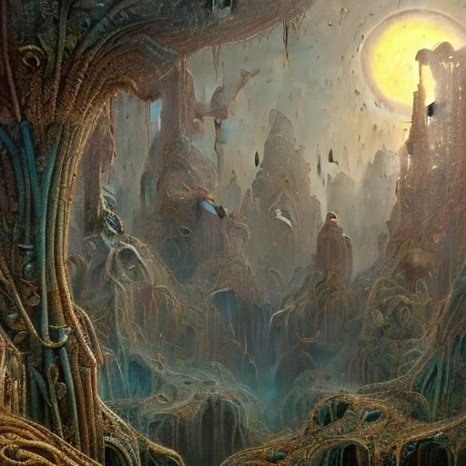 detailed creepy landscape made of cake-frosting, sun, Amano , Roger Dean, strong texture, Ernst Haekel, extreme detail, intricate, colours, Max Ernst, Sam Raimi, rich moody colors, sparkles