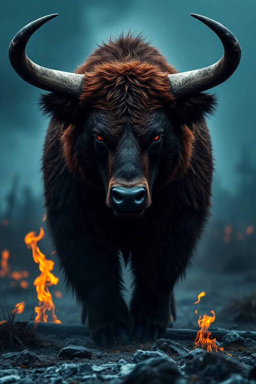 a mix between a bull and a bear, bestial and fearsome, over a field of ash and fire, darkness, high image resolution