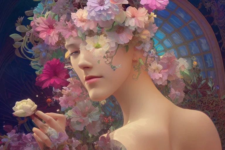 gardenia flowers, colorful, psychedelic, intricate, elegant, highly detailed, digital painting, artstation, concept art, smooth, sharp focus, greg rutkowski art and alphonse mucha, ghibli robot