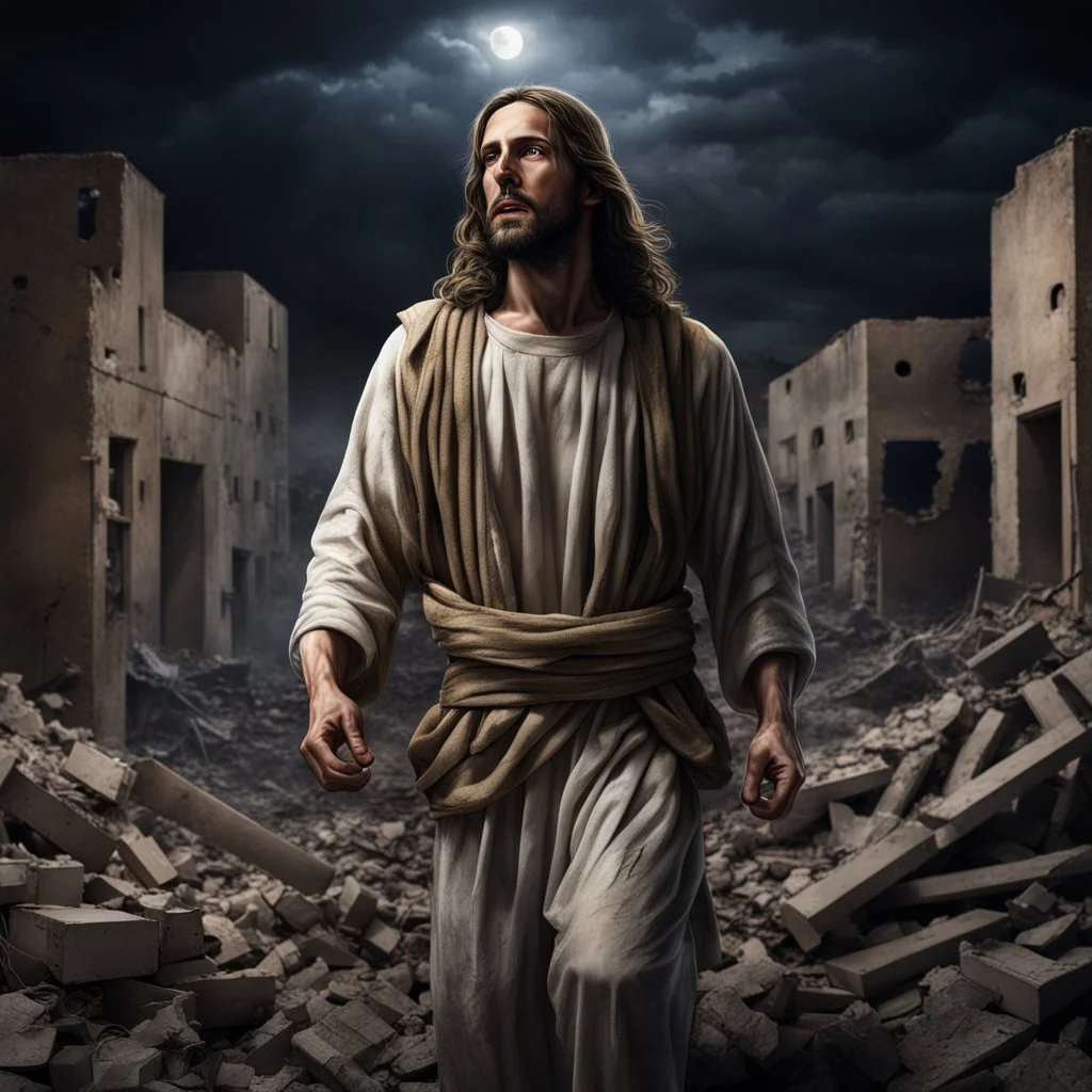 Hyper Realistic Jesus Christ trapped between Israel soldiers at dark night with destroyed buildings