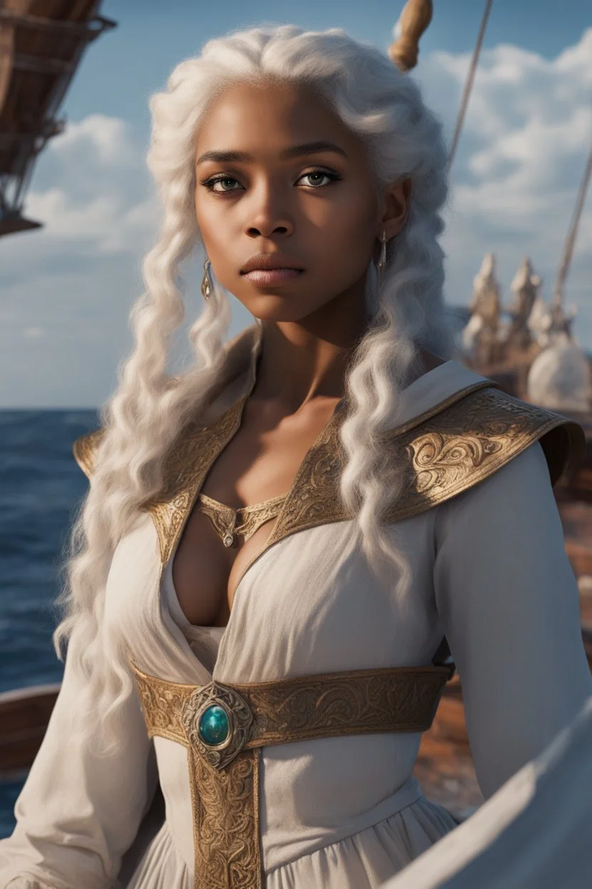 young mulatto sorceress, with wavy snow-white hair, sadly looking at the horizon on the bow of a ship