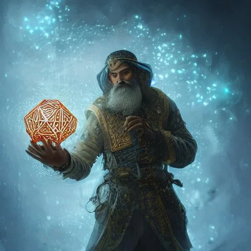 Insanely detailed photograph of an “D&D cleric holding glowing D20” with intricate detailed beard, intricate embroidered clothing, hyperdetailed painting by Ismail Inceoglu Huang Guangjian and Dan Witz CGSociety ZBrush Central fantasy art album cover art,8K, hdr, mysterious, ominous, snowflakes,jolly