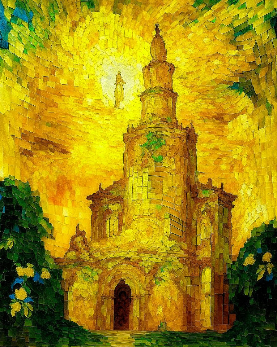 A banana yellow colored heavenly realm with a lightning temple designed in ancient Greek mosaics painted by Claude Monet