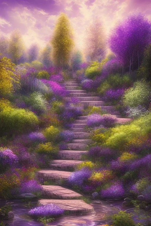 garden sky field trees river pools gold white purple stairs