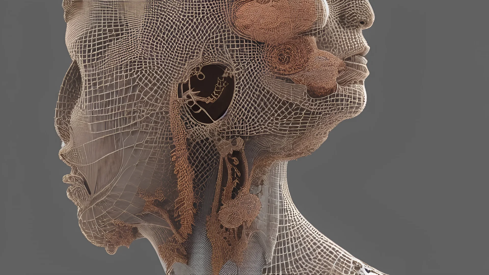 Complex 3d render ultra detailed of a handsome male porcelain profile face, biomechanical cyborg, analog, 150 mm lens, beautiful natural soft rim light, big leaves and stems, roots, fine foliage lace, colorful details, massai warrior, alexander mcqueen high fashion haute couture, pearl earring, art nouveau fashion embroidered, steampunk, intricate details, mesh wire, mandelbrot fractal, anatomical, facial muscles, cable wires, elegant, hyper realistic, ultra detailed, octane render