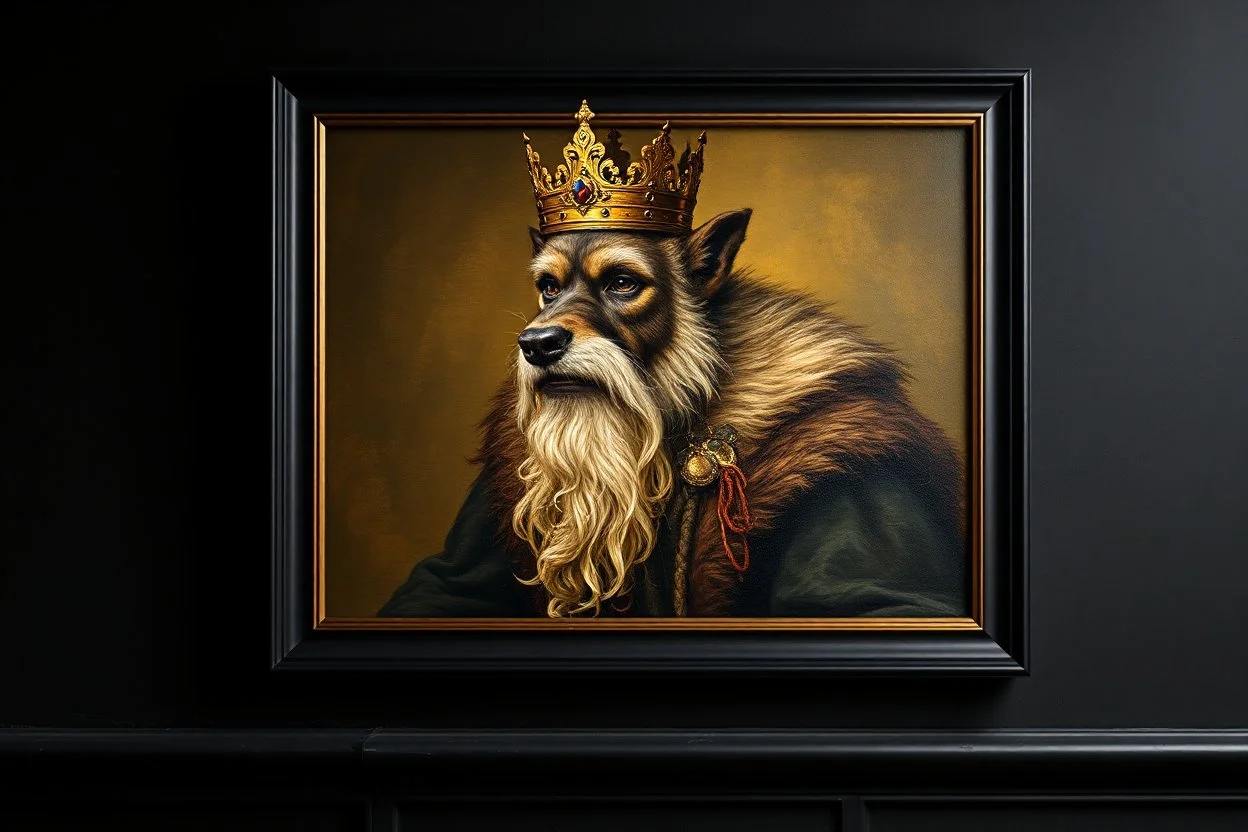 king weasel in style of Rembrandt and Fallout 4, with motion blur, all on a painting on wall with black wooden frame and with black wall background