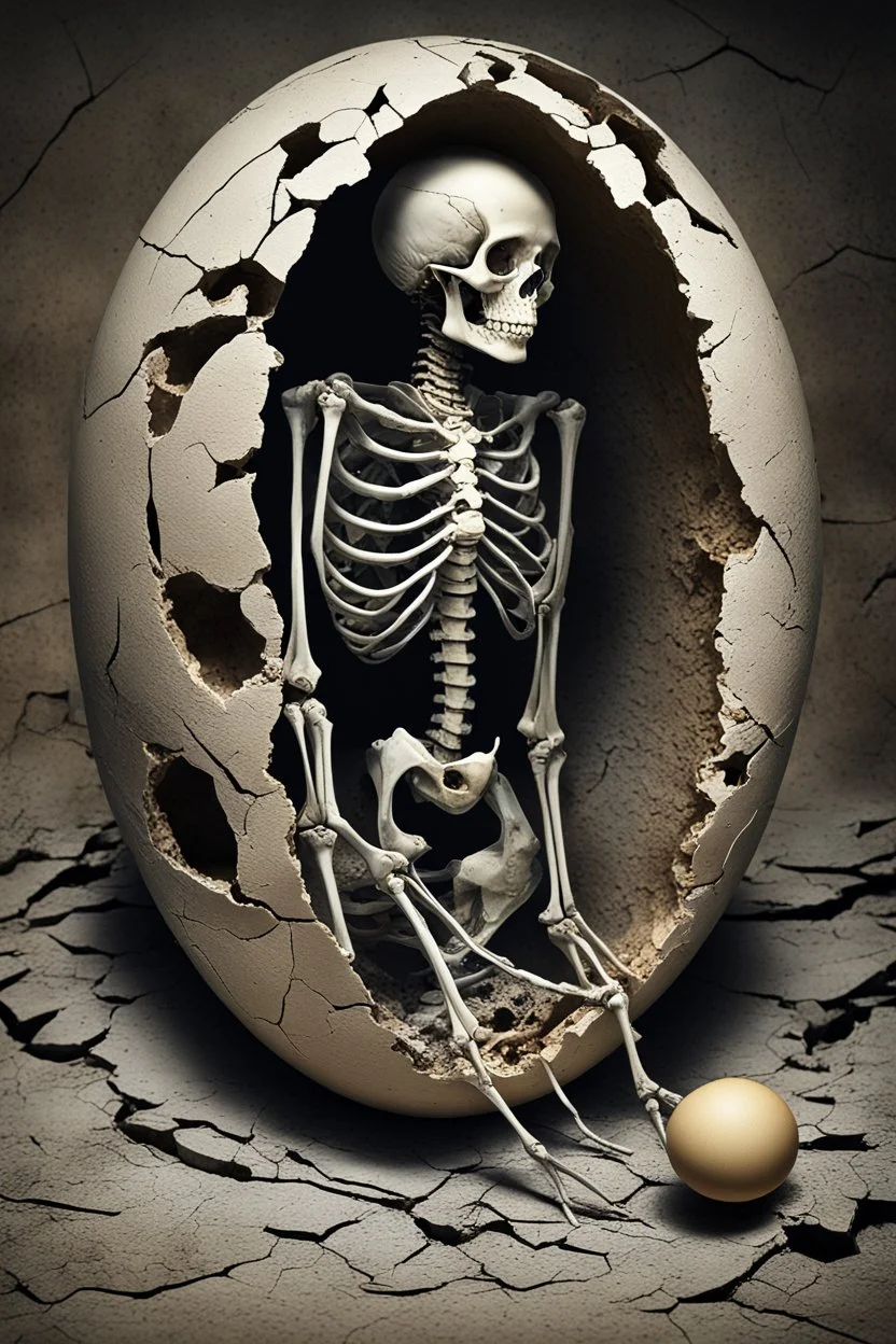 a haunting image of an embryonic human skeleton emerging from a cracked egg