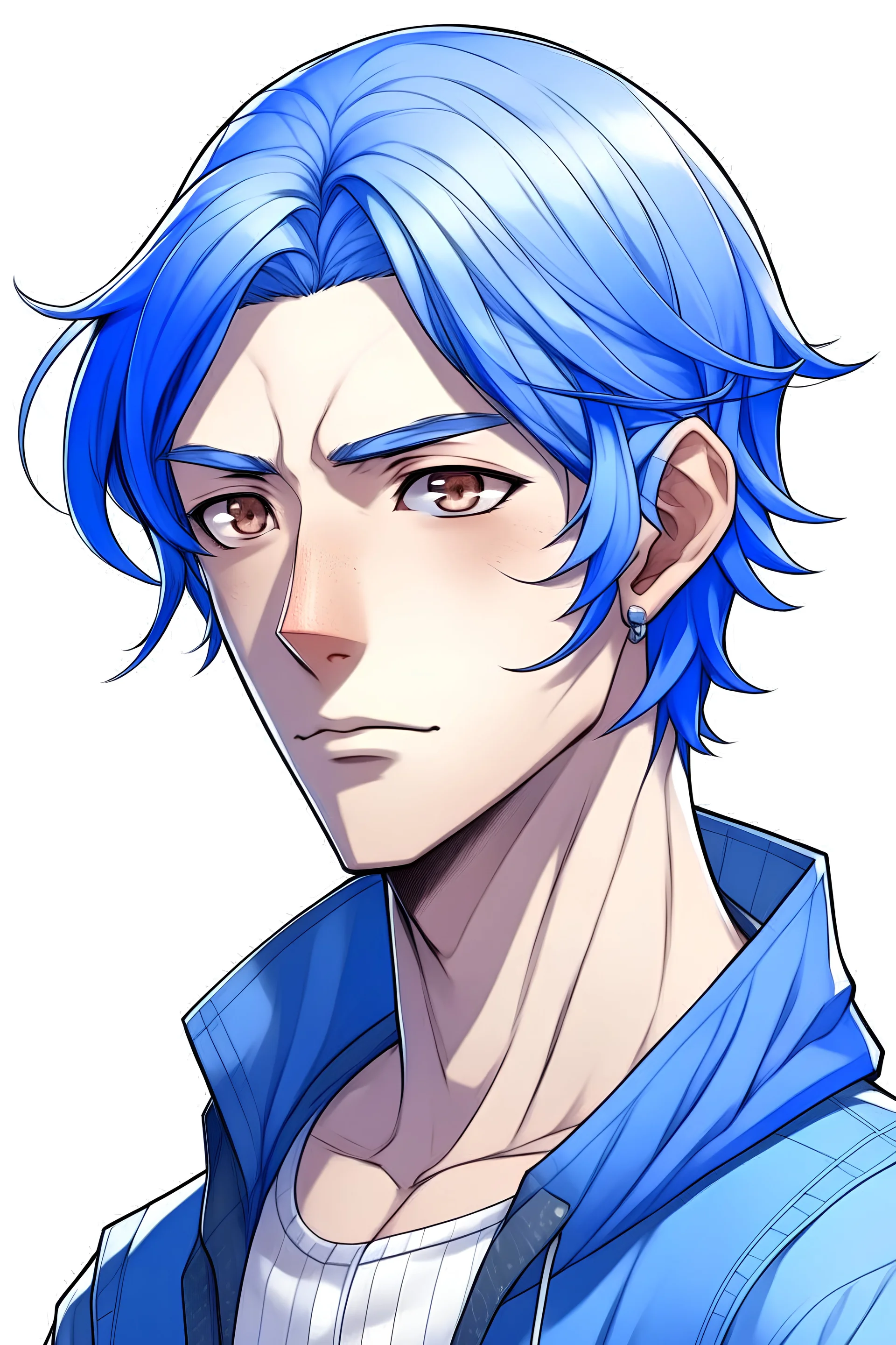 Kaeya uses the tall male model. He has a tanned complexion and navy-blue hair with streaks of lighter blue, accompanied by a waist-length lock of hair that begins at the base of his scalp on the back of his head at the left. His visible eye is periwinkle with a diamond-shaped pupil that is shared with other characters known to be from Khaenri'ah. Over his right eye, he wears a gold-trimmed black eyepatch that is mostly covered by his bangs. Kaeya has not been seen without his eyepatch, but his r