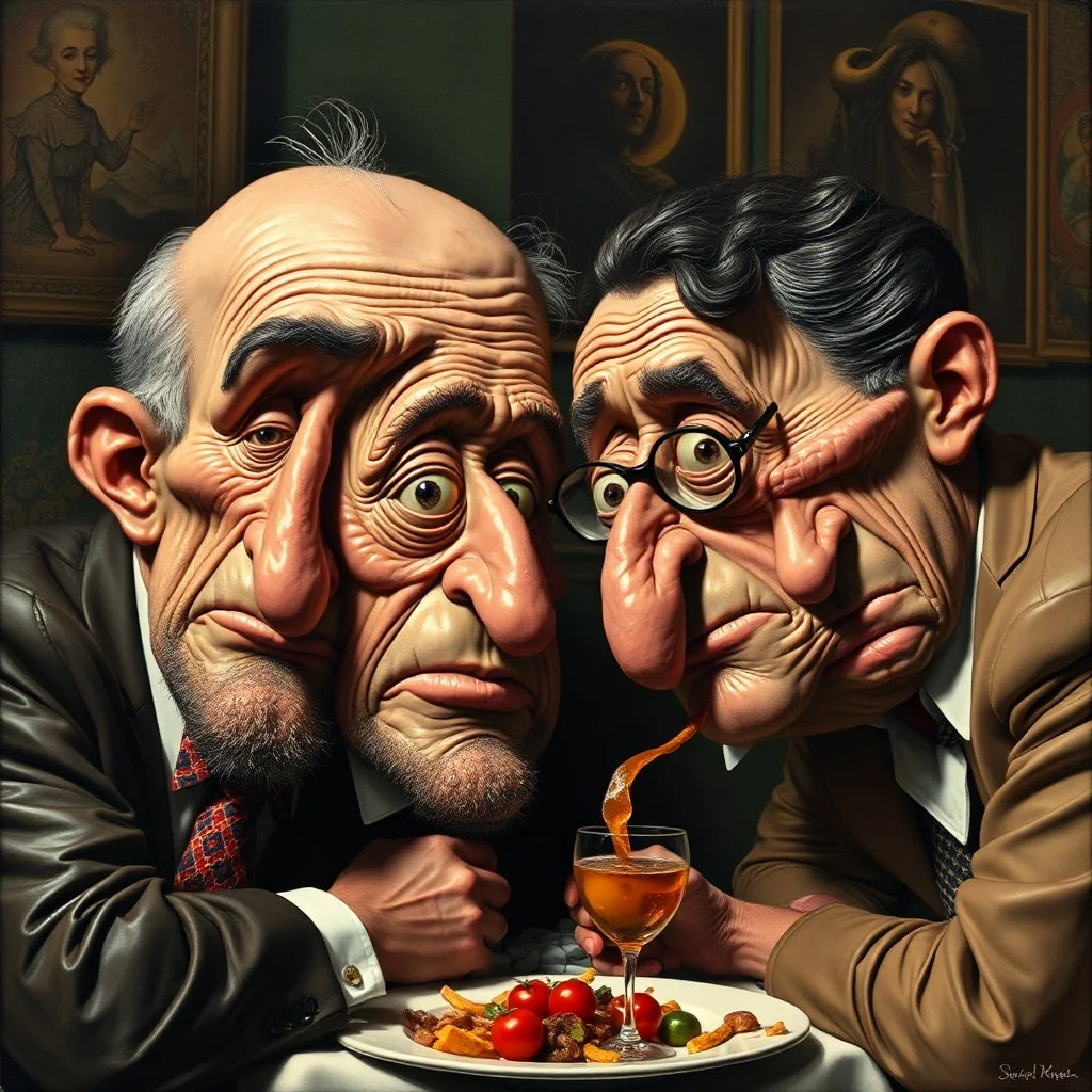 The oddest coagulation and mixture of friends, glossy finish, dine, details very accentuated, stunning style, oniric, Egon Schiele, George Grosz, hyperphotography, kiuy, blatant, gross, caricature, very funny