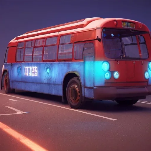 Man, futuristic bus, blue and sky lighting, guns, wearing red armor, unreal engine 5 --v 4