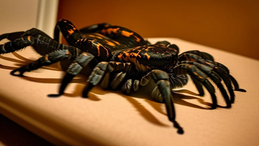 action shot of tarantula escaping hotel room while two people scream and run frantically