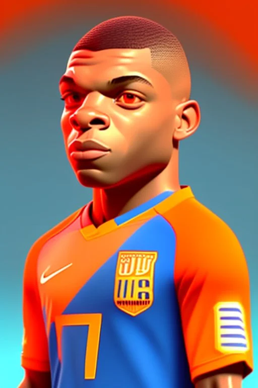 Mbappe look a like in 3D Cartoon World. Colors orange