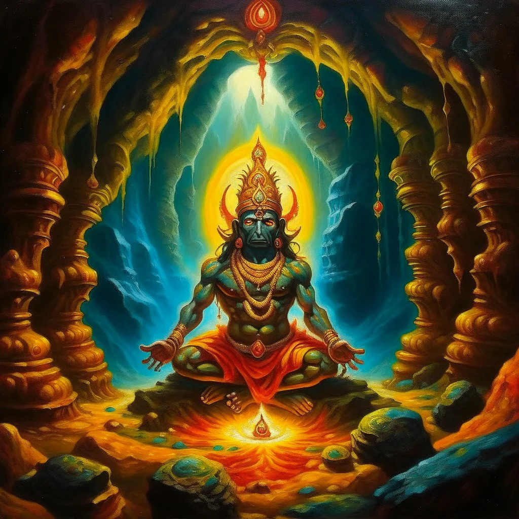 An oil painting of hindu god YAMA in a cave, neon gold colors, high detail eyes,