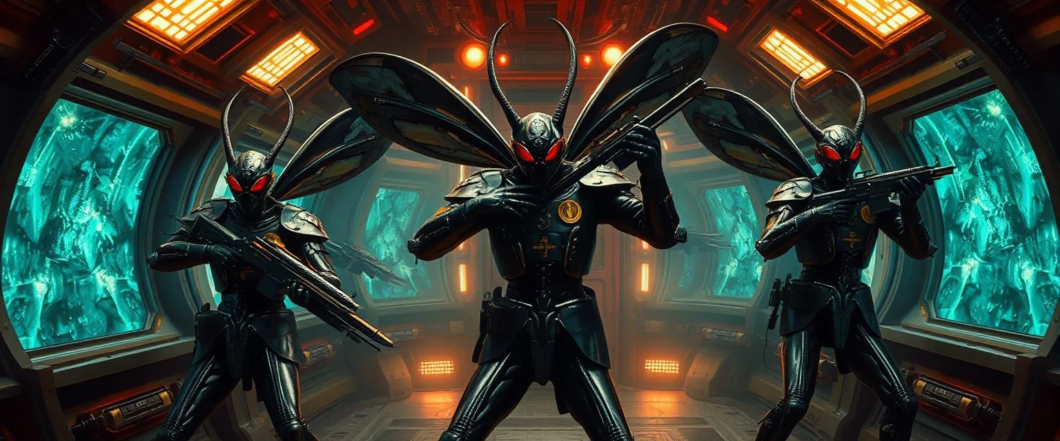 master oil painting by Rembrandt, insectoid Nephilim fascist trauma watchers glistening uniform with insignia, dancing weapon dance in messed up space ship, in the style of Giger