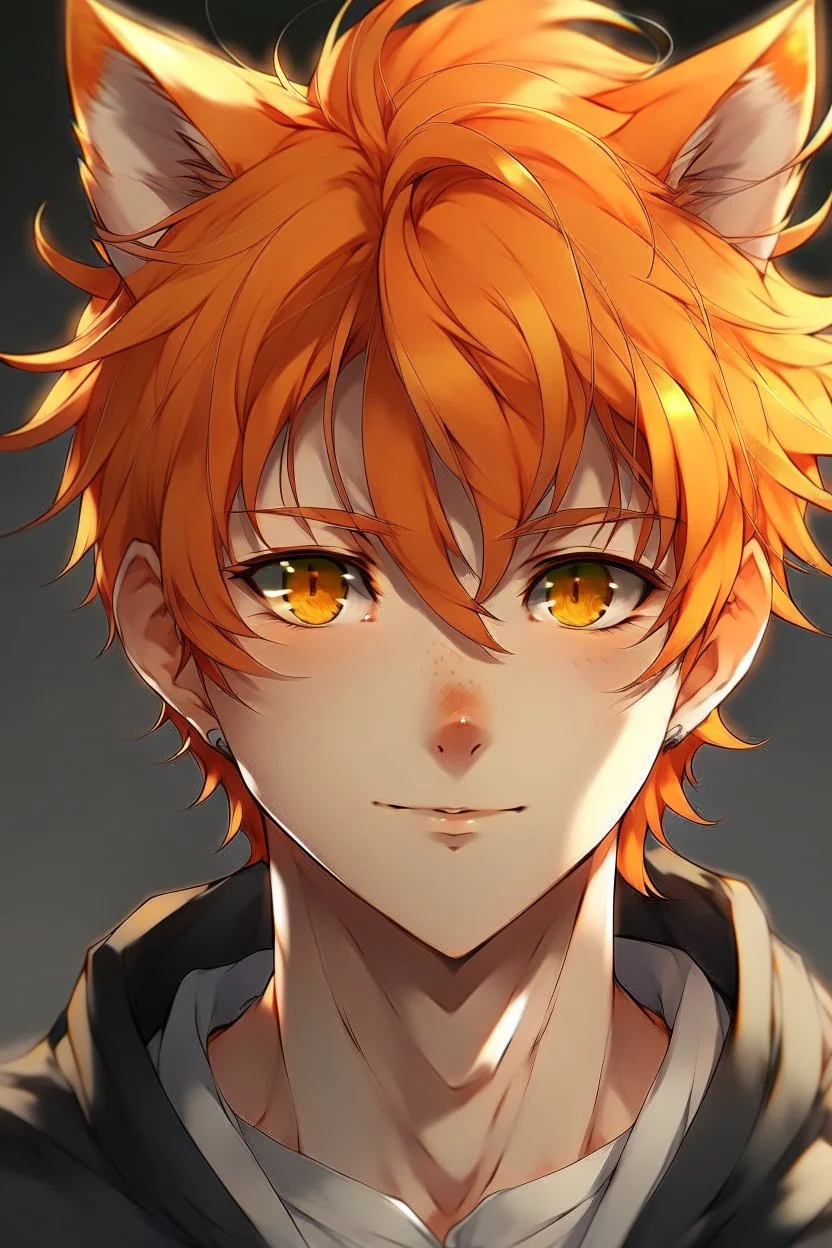 A young adult male human, cat ears, orange messy hair anime realistic