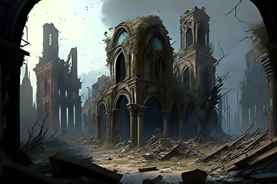 ruined victorian city post-apocaliptic cursed wilderness malice forggotten lands