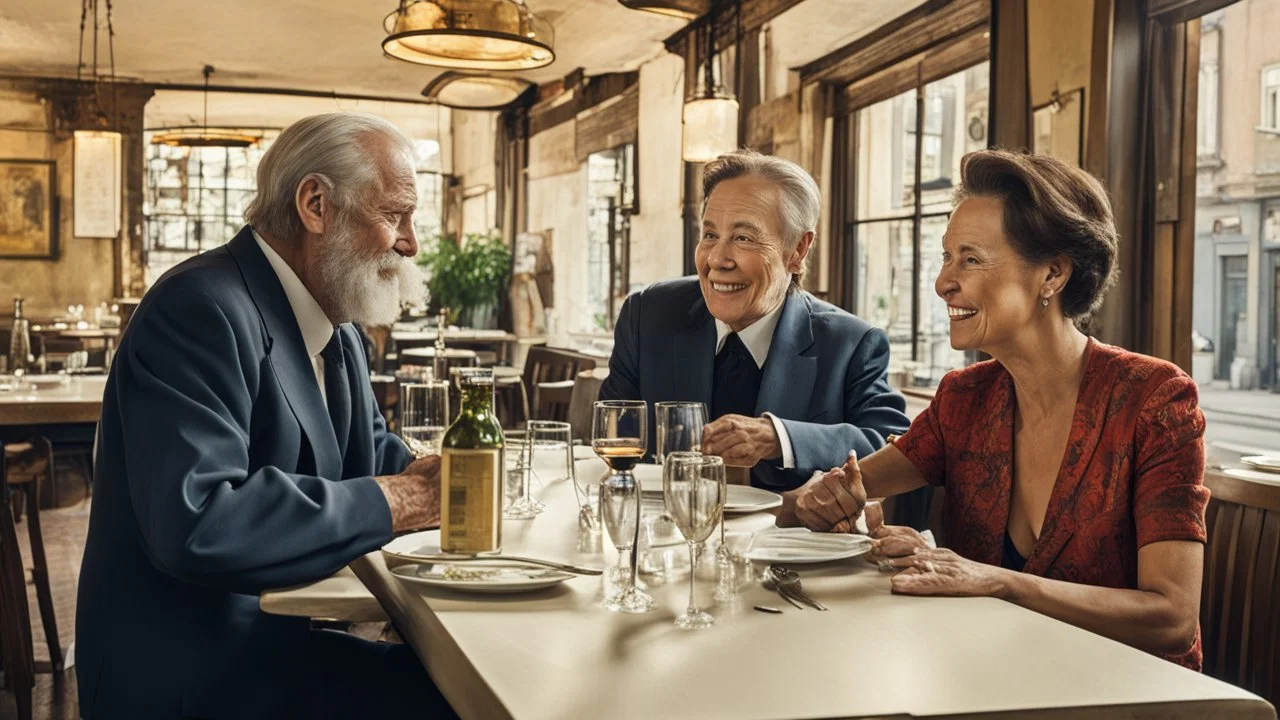 in a restaurant and old man and his lady at a table , two people