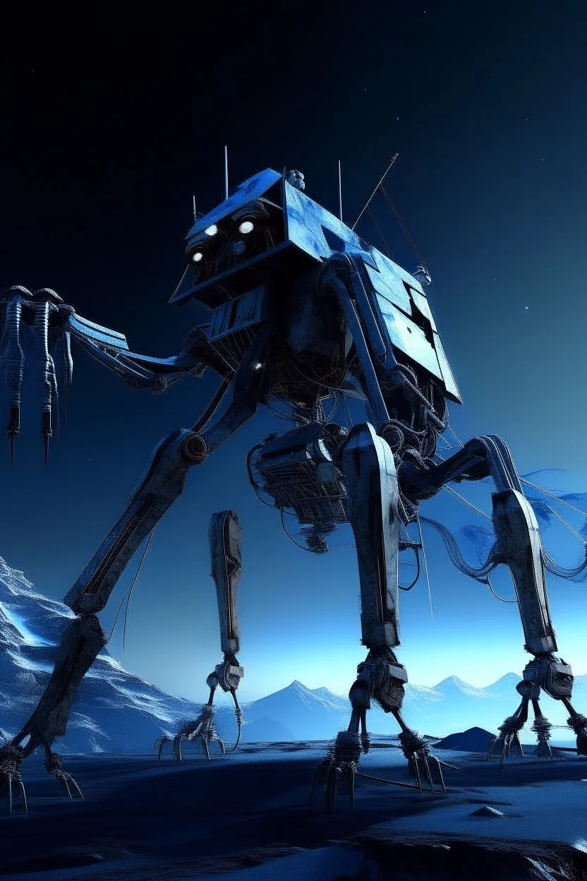 I want an image of a eight legged spiderlike mechanical walker mech scaling the side of mout everest at night