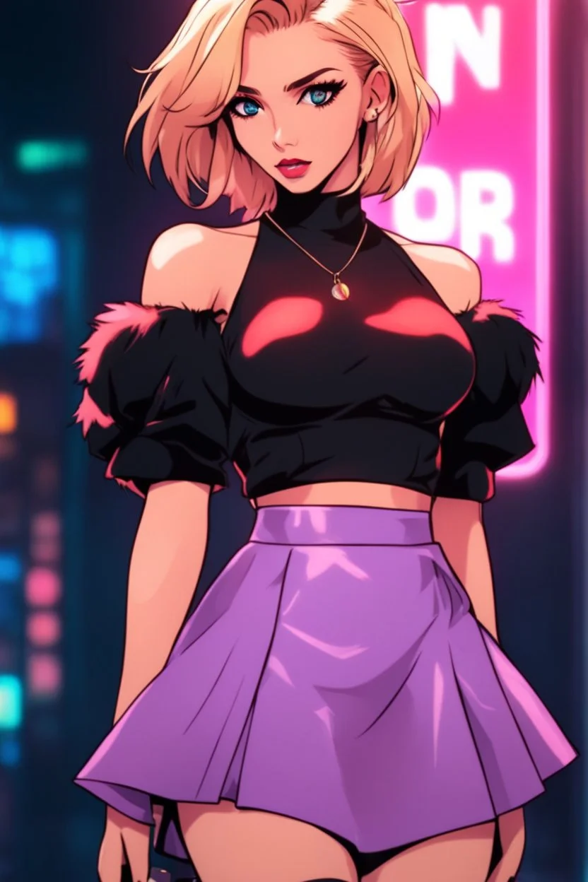 retrowave anime cyberpunk girl, scarlett johanson, furr skirt