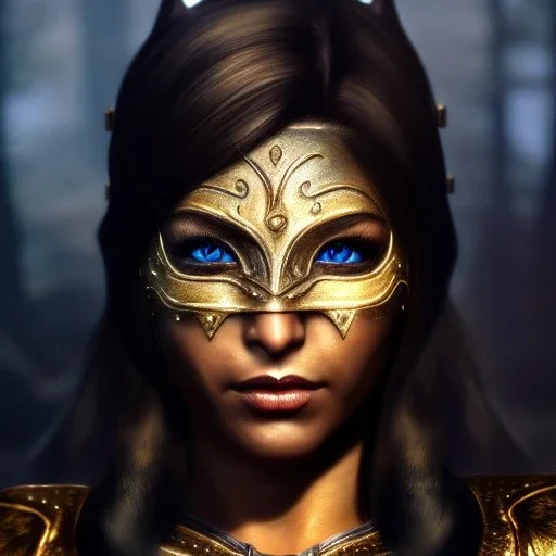 Ultra detailed fullbody Portrait in oil on canvas of Skyrim busty female warrior with mask and armor ,extremely detailed digital painting,ultrarealistic skin,intense stare, extremely detailed face, crystal clear eyes, mystical colors ,perfectly centered image, perfect composition, rim light, beautiful lighting,masterpiece ,8k, stunning scene, raytracing, anatomically correct, in the style of Simon Bisley and Caravaggio and Ohrai Noriyoshi and robert e howard and Steve Jung.