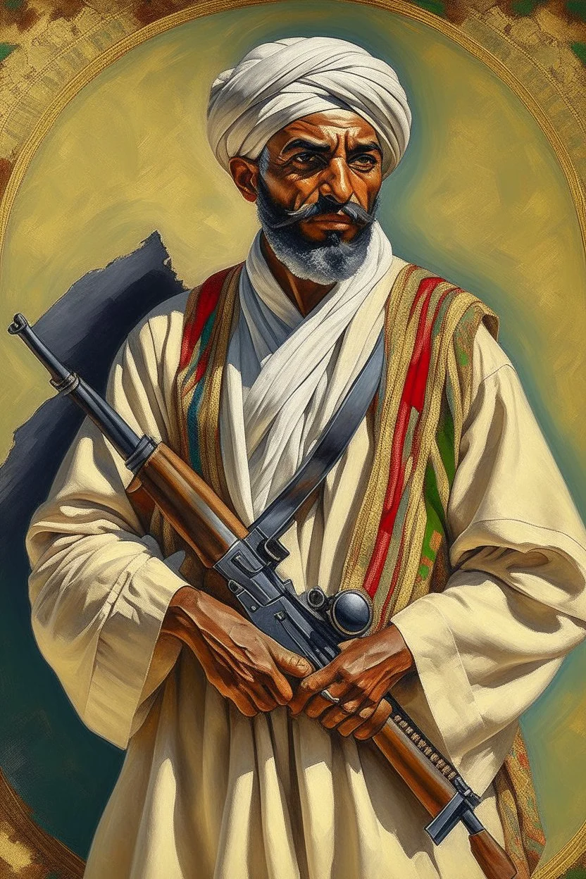 The description paints a vivid image of a man whose life's journey is etched into his very countenance. Each feature speaks to a story of wisdom gained, challenges overcome, and a quiet confidence earned through years of experience. Arabic clothes with old gun