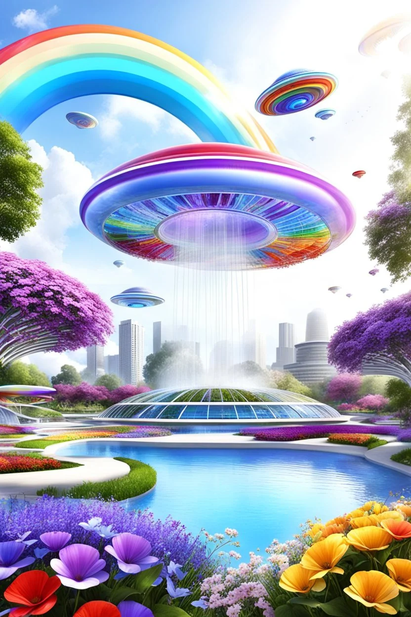 very beautiful, ,flowers, garden,rainbow, cité futuriste ultra moderne, ufos, cascade colorée