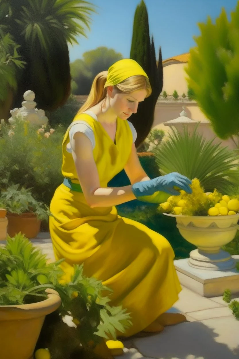 Neoclassicism woman working in the garden gardening painting yellow realistic cote d'azur