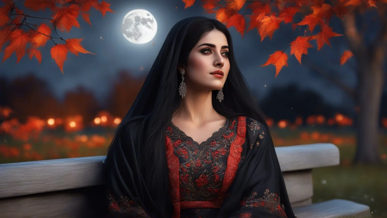 Hyper Realistic Photographic Close Face Shot Of A Beautiful Pashto Woman With Beautiful Black Hair Wearing A Black With Silver Red Embroidery Dress And Black Dupatta, Happily Looking At Full Moon Sitting On A Bench And Enjoying Beautiful Full Moon In A Beautiful Garden With Orange Dry Leaves Falling From Trees In Autumn Season At Cloudy Night With Fireflies Around Her Showing Dramatic And Cinematic Ambiance.