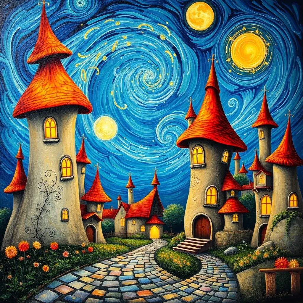 A whimsical fantasy painting inspired by Van Gogh's swirling style, depicting an enchanting magical village with organic, mushroom-like towers topped with vibrant orange and reddish conical roofs. Curved walls and glowing windows radiate warmth and life. The dramatic sky swirls with deep blues and bright yellows, featuring two radiant celestial bodies casting golden light. Spiral motifs and flowing curvilinear elements fill the composition, creating a dreamlike atmosphere. A cobblestone path in