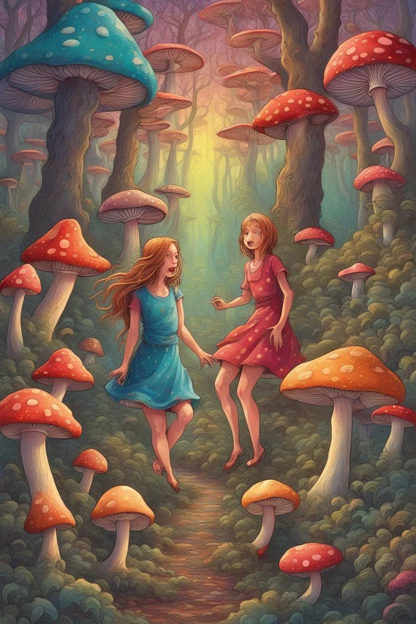 In the heart of the psychedelic forest, where the very air shimmered with vibrant hues and the world seemed to sway to an otherworldly rhythm, Fiona and Deery found themselves consumed by a fit of infectious laughter. The colors of the hallucinatory mushrooms seemed to have woven themselves into their very beings, turning their laughter into a symphony of joy that resonated through the forest. Fiona's laughter was a cascade of crystalline notes, as if each chuckle was a droplet of pure delight.