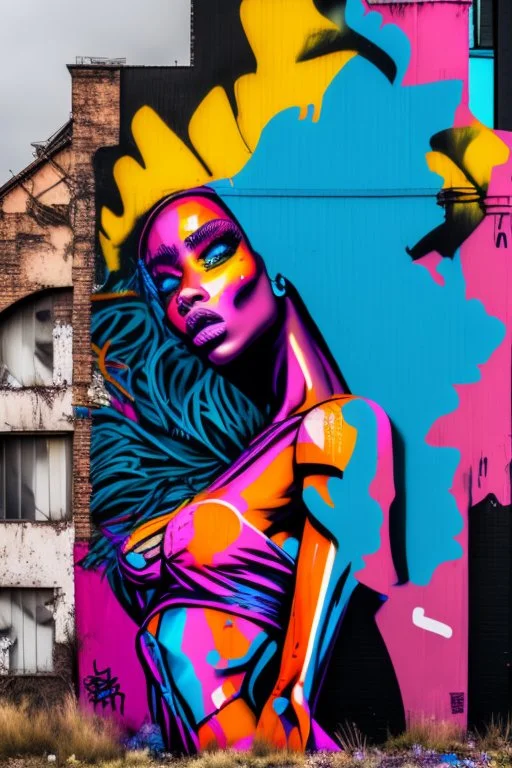 graffiti art on the back side of an abandoned building portraying a female super model posing confidently, 8k, highly detailed, centered, epic composition, graffiti art, splash art, street art, spray paint, oil gouache melting, acrylic, high contrast, colorful polychromatic, ultra detailed, ultra quality, CGSociety