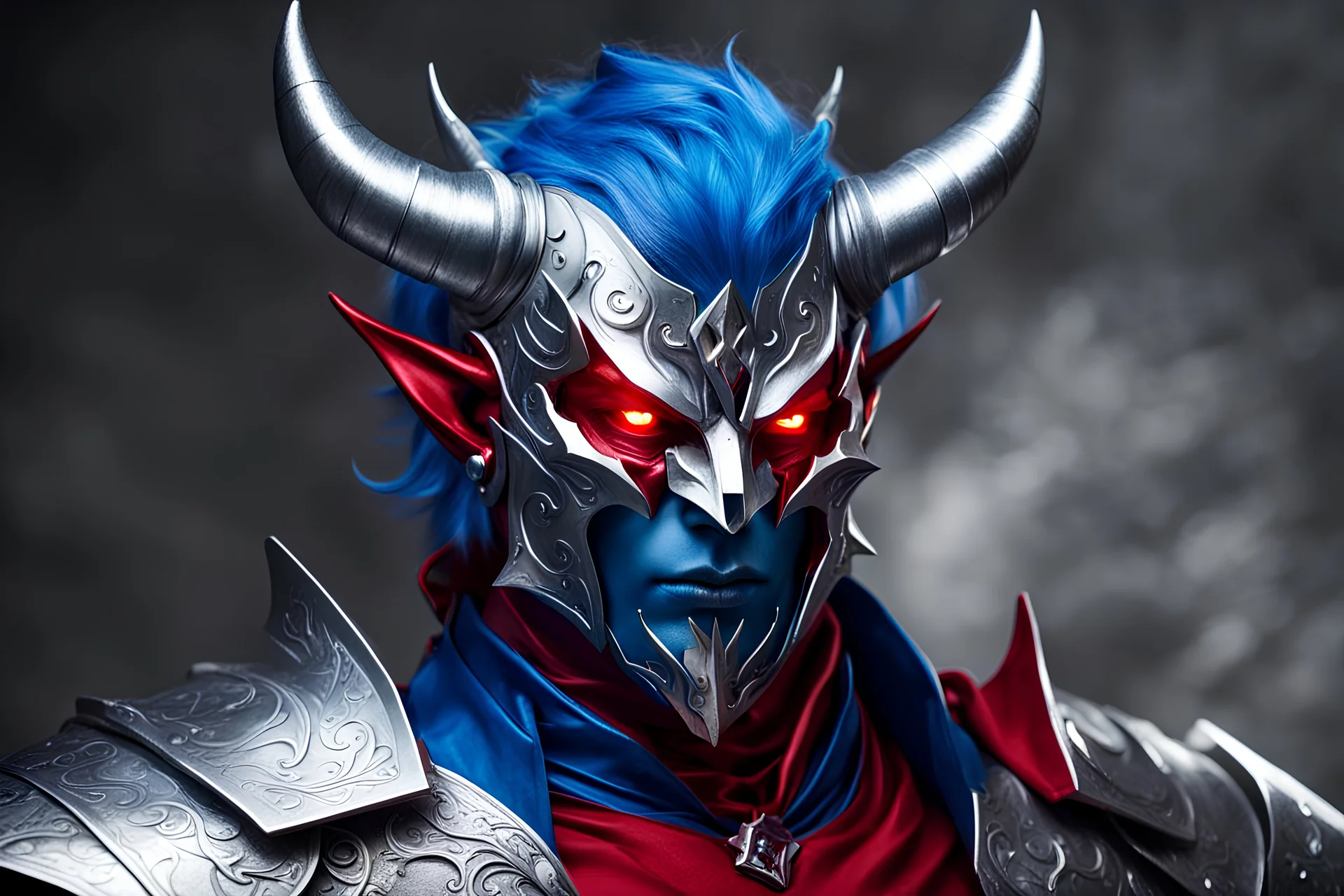 silver and crimson lightning demon knight, blue thundering horns, a silver face mask