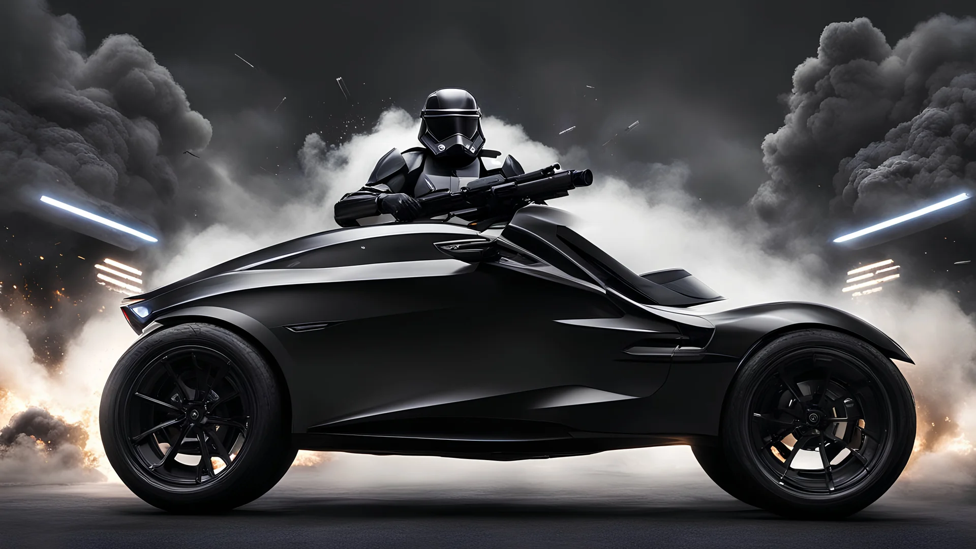 realistic black clonetrooper , sunglasses, ride a futuristic tesla moto. big wheels, dark gray background... explosions. sider