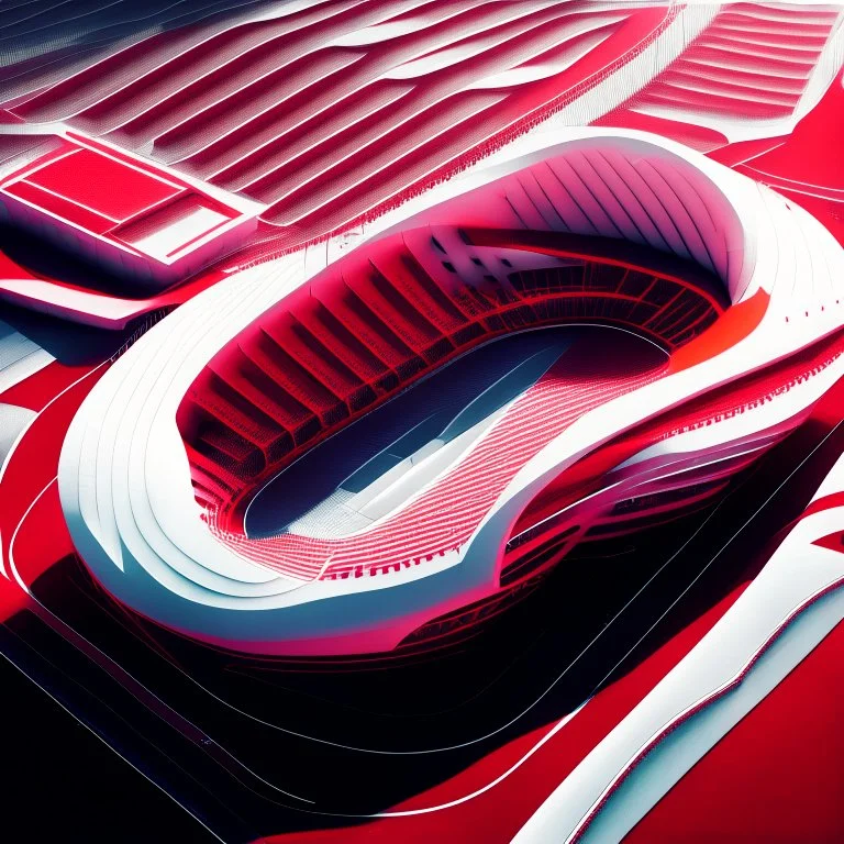 Imágen de arte lineal de un estadio de futboll, vista aérea, estlilo Zaha Hadid, calidad ultra, hiperdetallado, 8k, color rojo y blanco